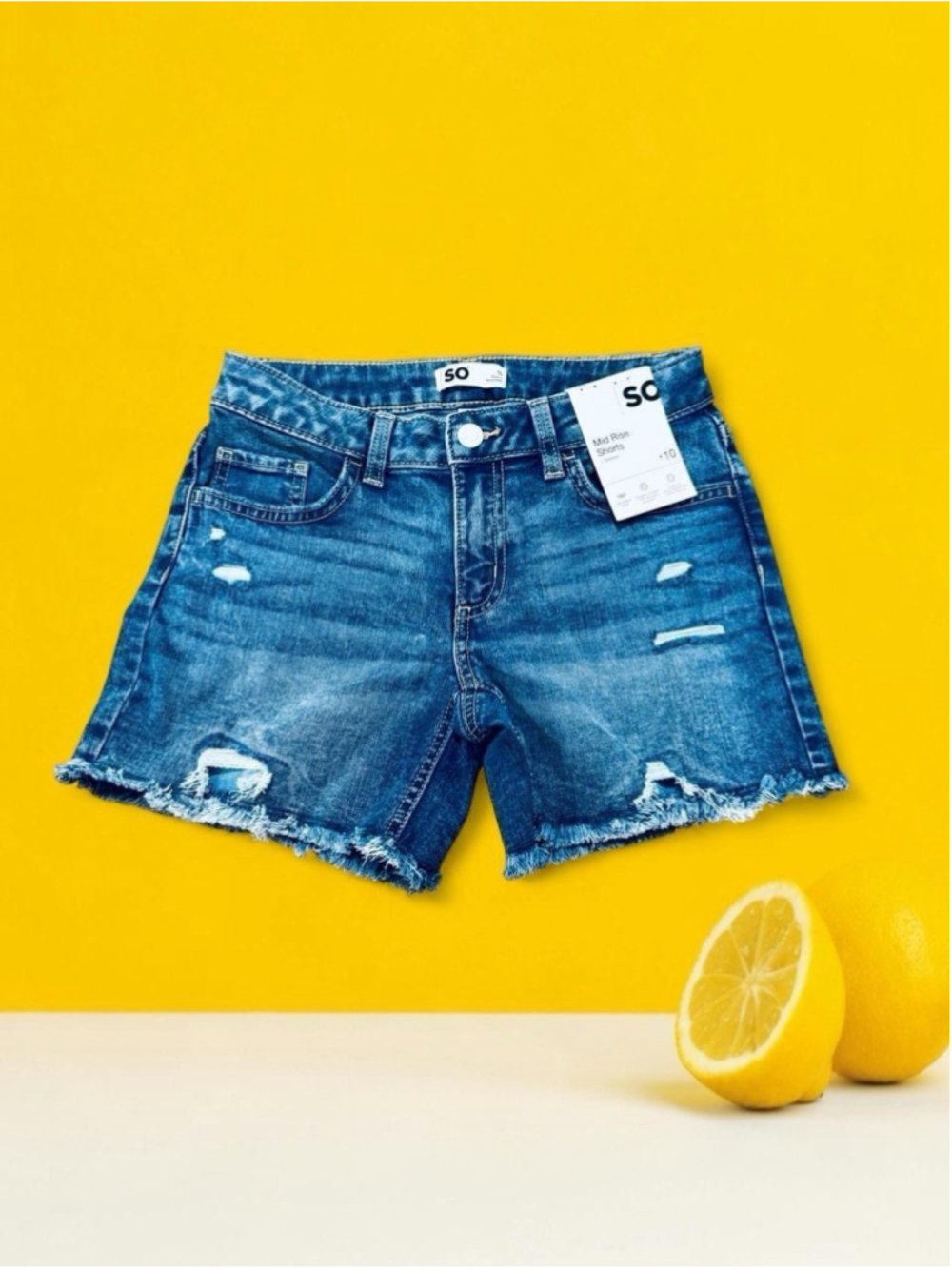 SO Girls Mid Rise Distressed Denim Shorts Size 10 Stretch Raw Hem NWT